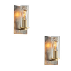 2 PACK Bronze Patina Plate Wall Lamp Light & Clear Glass Shade - Dimmable LED