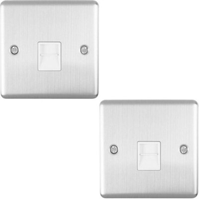 2 PACK BT Telephone Extension Socket SATIN STEEL & White Secondary Plate