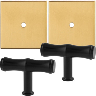 2 PACK - Cabinet Door Knob & Contrasting Backplate Set - Bamboo T Bar Pull - Matt Black & Satin Brass