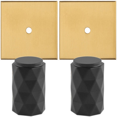 2 PACK - Cabinet Door Knob & Contrasting Backplate Set - Diamond Kitchen Pull - Matt Black & Satin Brass