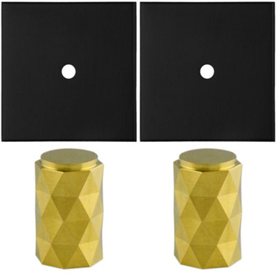 2 PACK - Cabinet Door Knob & Contrasting Backplate Set - Diamond Kitchen Pull - Satin Brass & Matt Black