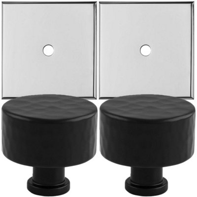2 PACK - Cabinet Door Knob & Contrasting Backplate Set - Hammered Kitchen Pull - Matt Black & Chrome