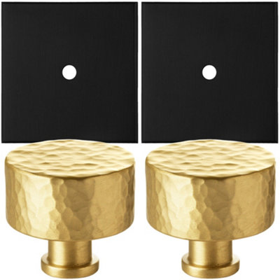2 PACK - Cabinet Door Knob & Contrasting Backplate Set - Hammered Kitchen Pull - Satin Brass & Matt Black