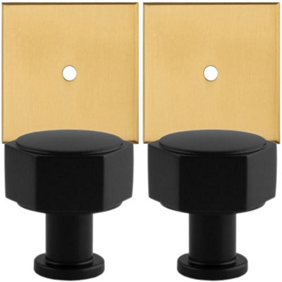 2 PACK - Cabinet Door Knob & Contrasting Backplate Set - Hex Kitchen Pull - Matt Black & Satin Brass