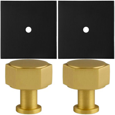 2 PACK - Cabinet Door Knob & Contrasting Backplate Set - Hex Kitchen Pull - Satin Brass & Matt Black