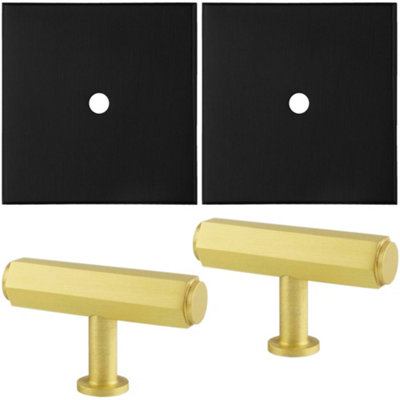 2 PACK - Cabinet Door Knob & Contrasting Backplate Set - Hex T Bar Pull - Satin Brass & Matt Black