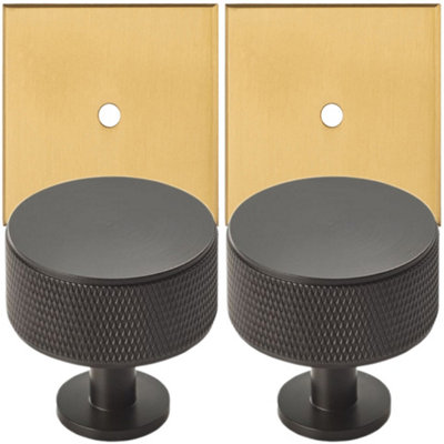 2 PACK - Cabinet Door Knob & Contrasting Backplate Set - Knurled Kitchen Pull - Matt Black & Satin Brass