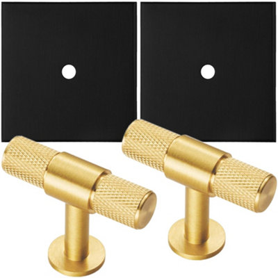 2 PACK - Cabinet Door Knob & Contrasting Backplate Set - Knurled T Bar Pull - Satin Brass & Matt Black