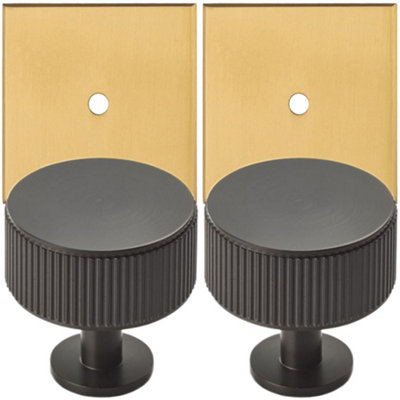 2 PACK - Cabinet Door Knob & Contrasting Backplate Set - Reeded Kitchen Pull - Matt Black & Satin Brass