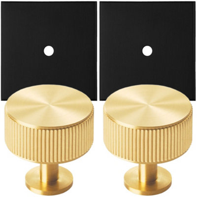 2 PACK - Cabinet Door Knob & Contrasting Backplate Set - Reeded Kitchen Pull - Satin Brass & Matt Black