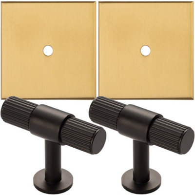 2 PACK - Cabinet Door Knob & Contrasting Backplate Set - Reeded T Bar Pull - Matt Black & Satin Brass