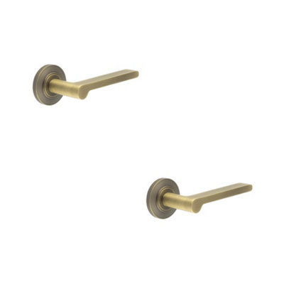 2 PACK Chamfered Rose Door Handle in Antique Brass - Solid Brass Interior Handle