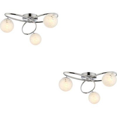 2 PACK Chrome Semi Flush Low Ceiling Light - White Confetti Multi Arm Glass - 3 X 3W LED G9