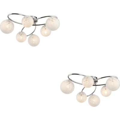 2 PACK Chrome Semi Flush Low Ceiling Light - White Confetti Multi Arm Glass - 6 X 3W LED G9