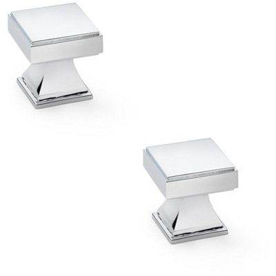2 PACK - Chunky Square Cupboard Door Knob - 30mm - Polished Chrome Kitchen Pull Handle