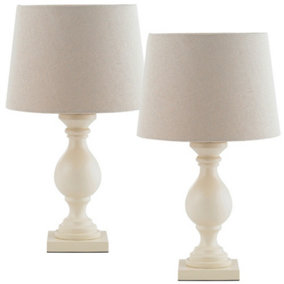 2 PACK Classic Wooden Table Lamp Ivory & Off White Shade Pretty Bedside Light