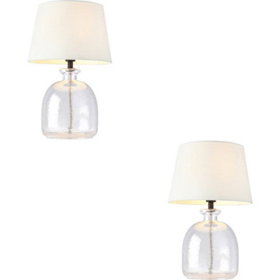 2 PACK Clear Textured Glass & Ivory Linen Mix Fabric Table Lamp - 428mm Tall Light