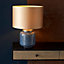 2 PACK Cobalt Glass Base Table Lamp Light & Gold Fabric Shade - Antique Brass