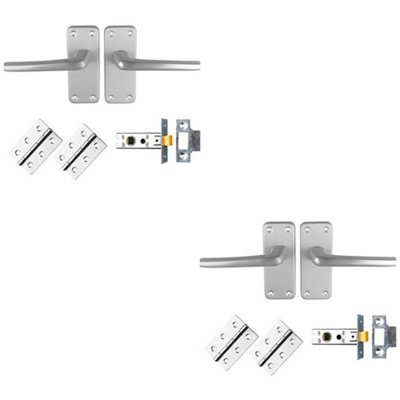 2 PACK - Commercial Straight Door Handle & Latch Pack Set- Satin Aluminium Lever Backplate