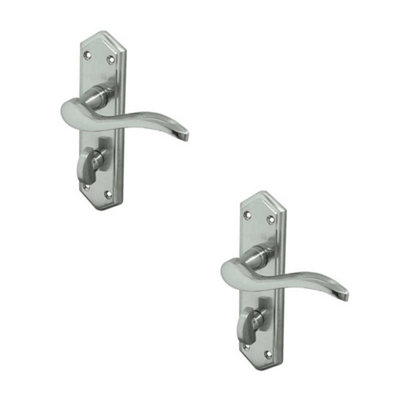 2 PACK Contemporary Satin Chrome Suite Door Handle with Bathroom Plate - Interior Lever on Backplate