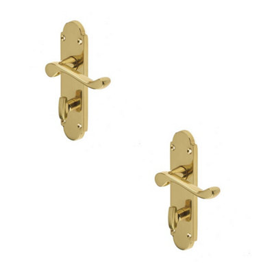 2 PACK Contemporary Suite Door Handle with Bathroom Plate in Polished Brass Finish - Interior Lever on Backplate