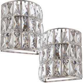 2 PACK Crystal LED Wall Light Chrome & Clear Glass Shade Pretty Dimmable Lamp