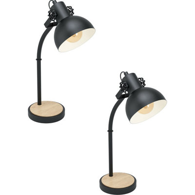 2 PACK Curved Table Lamp Desk Light Black Steel Shade & Wood Base 1x ...