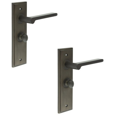 2 PACK Dark Bronze Bathroom Door Handle with Backplate and Turn Release - Solid Brass Interior Handle