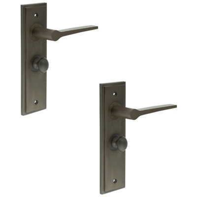 2 PACK Dark Bronze Door Handle & Backplate with Turn & Release for Bathrooms - Solid Brass Interior Handle