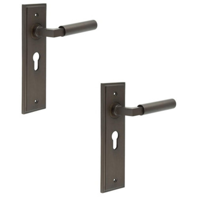 2 PACK Dark Bronze Door Handle EURO Lock Backplate for Modern Homes - Solid Brass Interior Lever