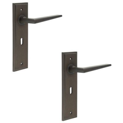 2 PACK Dark Bronze Lever Door Handle Lock Backplate for Modern Homes - Solid Brass Interior Handle