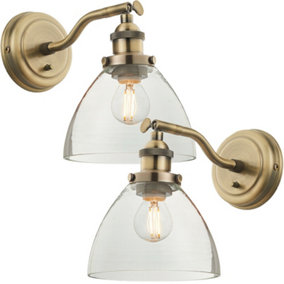 2 PACK Dimmable LED Wall Light Antique Brass Glass Shade Adjustable Lamp Fitting