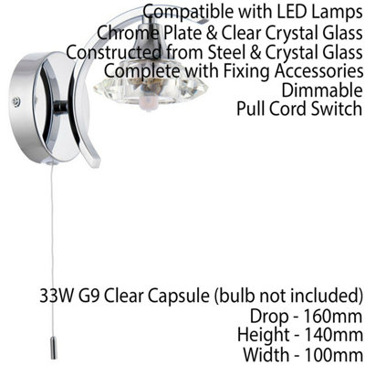 2 PACK Dimmable LED Wall Light Curved Chrome Large Crystal Shade Lamp Fitting