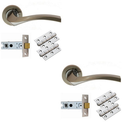 2 PACK - Door Handle & Latch Pack Set- Chrome Curved Square Lever Screwless Round Rose Kit