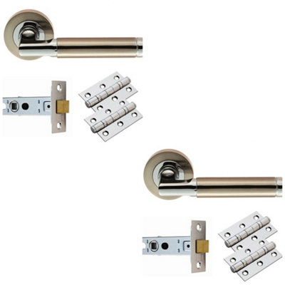 2 PACK - Door Handle & Latch Pack Set- Chrome & Nickel Straight Bar Screwless Round Rose Kit