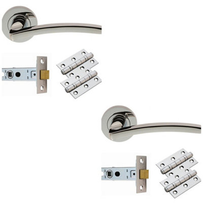 2 PACK - Door Handle & Latch Pack Set- Polished Chrome Slim Curved Screwless Round Rose Kit