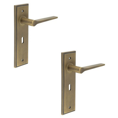 2 PACK Elegant Antique Brass Door Handle Lock Backplate for Modern Homes - Solid Brass Interior Handle