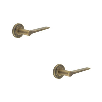 2 PACK Elegant Antique Brass Door Handle on Stepped Rose for Classic Interiors - Solid Brass Interior Handle