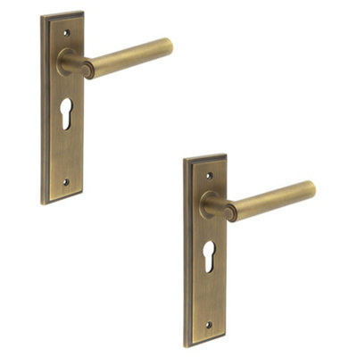 2 PACK Elegant Antique Brass Door Handle with Euro Backplate - Solid Brass Interior Lever Lock