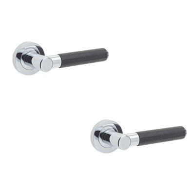 2 PACK Elegant Black Leather Door Handle with Polished Chrome Finish - Interior Handle