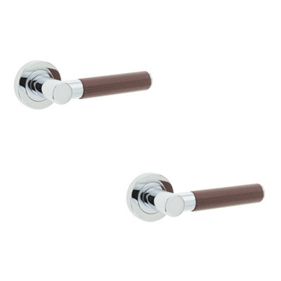 2 PACK Elegant Brown Leather Door Handle with Polished Chrome Rose - Interior Handle