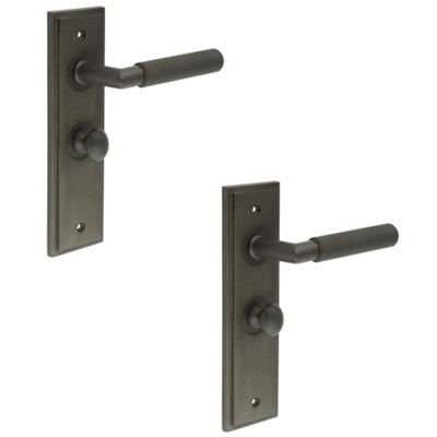 2 PACK Elegant Dark Bronze Bathroom Door Handle Backplate and Turn Release - Solid Brass Interior Handle