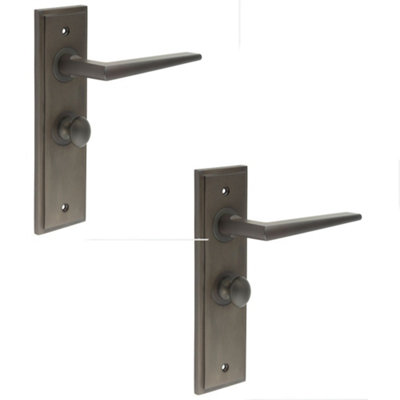 2 PACK Elegant Dark Bronze Bathroom Door Handle with Backplate and Turn & Release Mechanism - Solid Brass Interior Handle