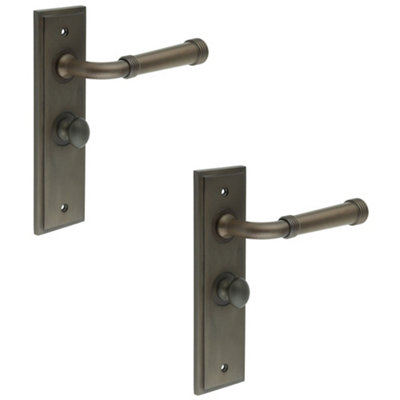 2 PACK Elegant Dark Bronze Bathroom Door Handle with Backplate and Turn Release Mechanism - Solid Brass Interior Handle