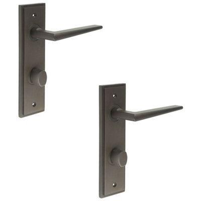 2 PACK Elegant Dark Bronze Bathroom Door Handle with Backplate and Turn Release Solid Brass Interior Handle