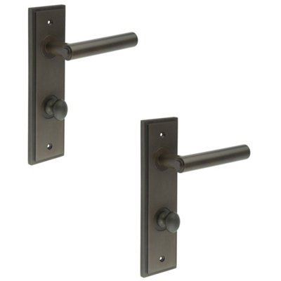 2 PACK Elegant Dark Bronze Bathroom Door Handle with Backplate and Turn Release - Solid Brass Interior Lever