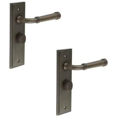 2 PACK Elegant Dark Bronze Bathroom Door Handle with Backplate and Turn Release - Solid Brass Toilet Interior Handle