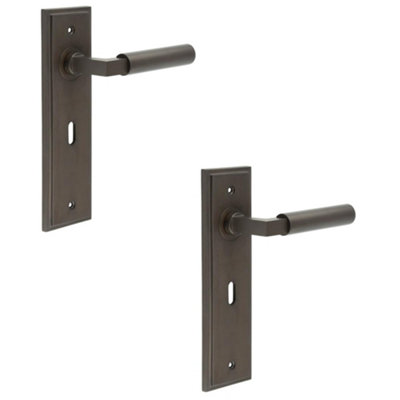 2 PACK Elegant Dark Bronze Door Handle Lock Backplate for Modern Homes - Solid Brass Interior Lever