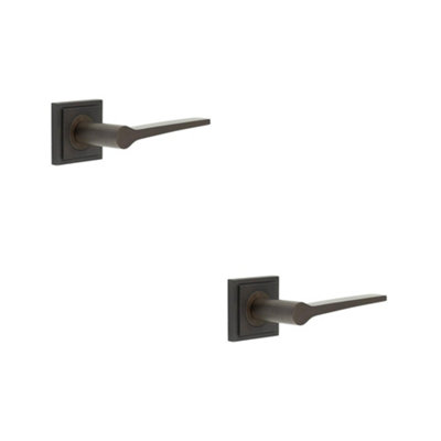 2 PACK Elegant Dark Bronze Door Handle on Square Stepped Rose for Classic and Modern Interiors - Solid Brass Interior Handle