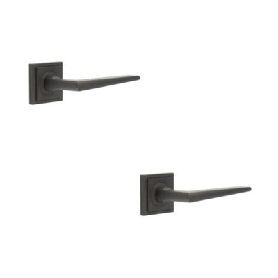 2 PACK Elegant Dark Bronze Door Handle on Square Stepped Rose - Solid Brass Interior Handle